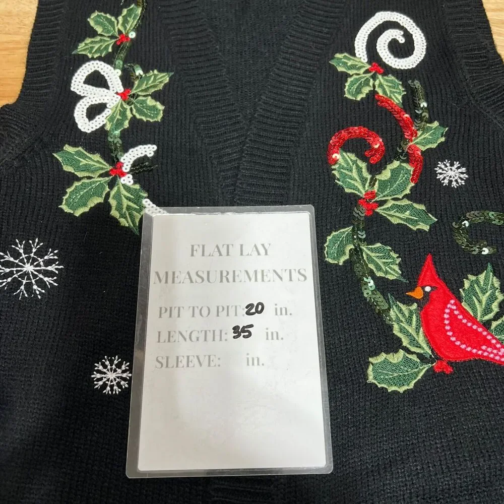 Unbranded Open Cardigan Vest Christmas Embroidered Black Cardinals Women's M